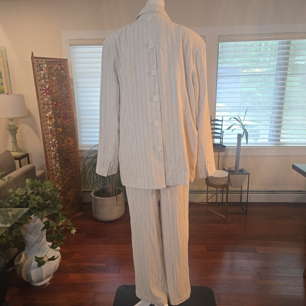Avec Les Filles Womens Linen Pin Striped Blazer & Trouser Suit Set Beige Small - Picture 5 of 12